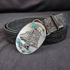 Levi's Black Belt with Siskiyou Co. Buckle Native American 40/100 Wolf Turquoise